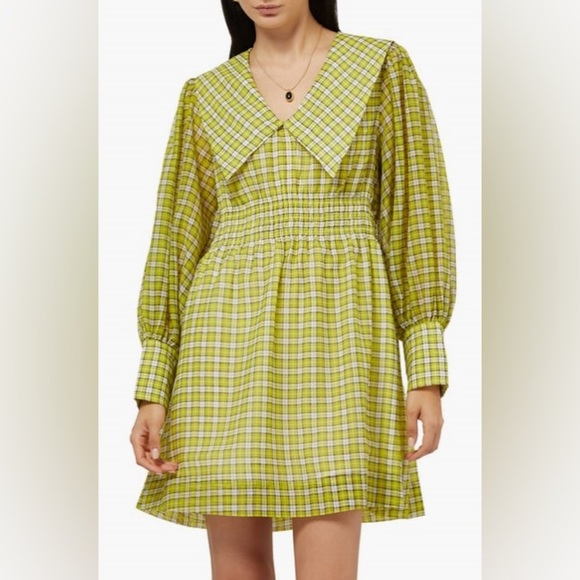 Ganni Yellow Green Point Collar Checked Long Sleeve Mini Dress Size 8 NWT - Picture 2 of 10
